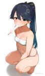 1girl artist_name barefoot between_legs black_hair blue_eyes blue_hair blush breasts chest_sarashi cleavage commentary_request fellatio food food_in_mouth fundoshi hair_between_eyes hand_between_legs highres houshou_(kancolle) japanese_clothes kantai_collection long_hair looking_at_viewer melting navel oral ponytail popsicle popsicle_in_mouth sarashi sawamura_aoi simulated_fellatio small_breasts solo squatting sweat 