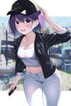  1girl :d ayakashi_triangle baseball_cap black_jacket blush breasts cellphone cleavage commentary_request eyelashes happy hat highres jacket kanade_suzu kurony_(sirony) leather leather_jacket looking_at_viewer midriff navel open_mouth phone purple_eyes purple_hair short_hair smartphone smile solo standing translation_request 