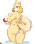 absurd_res animal_crossing anthro big_breasts bikini blush breasts butt canid canine canis clothed clothing domestic_dog female fur hi_res isabelle_(animal_crossing) looking_at_viewer mammal nintendo rainven shih_tzu smile solo swimwear toy_dog yellow_body yellow_fur