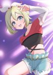  1girl :d black_undershirt blonde_hair blue_eyes blue_shorts bow_hairband cropped_shirt denim denim_shorts hair_between_eyes hairband highres irida_(pokemon) irida_(special_costume)_(pokemon) looking_at_viewer midriff mochitaro_(mothitaroo) navel official_alternate_costume open_mouth pokemon pokemon_masters_ex red_shirt shirt short_hair shorts smile solo teeth upper_teeth_only white_hairband 