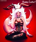 alien alien_humanoid android_21 anthro big_breasts breasts darkito420 digital_media_(artwork) dragon_ball dragon_ball_fighterz female hair hi_res human humanoid majin majin_android_21 mammal not_furry pink_body red_eyes simple_background solo tail text white_hair