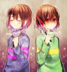  2others artist_name blood blood_on_knife blue_sweater blush brown_background brown_hair chara_(undertale) child closed_eyes closed_mouth colored_inner_hair frisk_(undertale) gradient_background green_sweater hair_between_eyes highres holding holding_knife holding_stick knife long_sleeves looking_at_viewer multicolored_hair multiple_others outline pink_sweater purple_hair red_background red_eyes sasucchi95 shaded_face short_hair smile stick striped_clothes striped_sweater sweater turtleneck turtleneck_sweater undertale upper_body white_outline yellow_sweater 