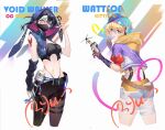  2girls alternate_costume animal_ear_headphones animal_ears animification apex_legends ass asymmetrical_clothes belt black_belt black_hair black_panties black_pants black_pantyhose black_shirt blonde_hair blue_eyes blue_nails breasts cat_ear_headphones cropped_jacket energy_reader_(apex_legends) fake_animal_ears frienos gloves grey_shorts hair_between_eyes headphones heart highres holding holding_knife hood hood_up hooded_jacket jacket knife kunai medium_breasts midriff multiple_girls navel nessie_(respawn) official_alternate_costume panties pants pantyhose purple_eyes purple_gloves scar scar_on_cheek scar_on_face shirt shorts single_pantsleg thong thunder_kitty_wattson underwear wattson_(apex_legends) weapon wraith&#039;s_kunai wraith_(apex_legends) 