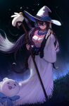  1girl animal_ears black_hair blue_eyes breasts closed_mouth dress full_body grass hair_between_eyes hat indie_virtual_youtuber kowai_(iamkowai) long_hair night night_sky open_mouth outdoors rabbit seol_(teacuppity)_(vtuber) sky smile virtual_youtuber witch_hat 
