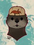 ambiguous_gender anthro black_eyes brown_body brown_fur citrusseed clothing fur hair hat headgear headwear hi_res looking_at_viewer mammal mustelid open_mouth otter outline pattern_background red_hair red_outline sea_otter simple_background solo yellow_clothing yellow_hat yellow_headwear