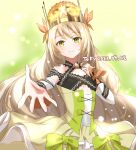  1girl artist_name bare_shoulders blonde_hair bow butterfly_hair_ornament celine_(fire_emblem) closed_mouth crown dated dress dress_bow fire_emblem fire_emblem_engage flower green_bow green_eyes hair_flower hair_ornament hand_on_own_chest highres long_hair looking_at_viewer orange_bow outstretched_hand silken_tofu smile solo very_long_hair wrist_bow 
