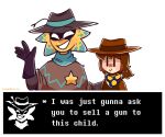 anthro blush clothing clover_(undertale_yellow) corruption cowboy cowboy_hat dark_humor dialogue dialogue_box duo english_text friend_charlie gloves grin handwear hat headgear headwear human humor imminent_peril innocence male mammal poncho scarf sheriff sheriff_badge simple_background size_difference smile smirk starlo_(undertale_yellow) text too_dumb_to_live undertale_(series) undertale_yellow unknown_species unprofessional_behavior white_background