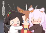  3girls ahoge animal_ears biwa_hayahide_(umamusume) black_hair black_shirt blue_eyes brown_hair chibi clothes_writing ears_down english_text glasses gomashio_(goma_feet) gradient_background grey_background grey_hair hair_between_eyes hair_ornament hairclip horse_ears horse_girl horse_tail jacket jitome long_hair long_sleeves multiple_girls narita_taishin_(umamusume) o_o parted_bangs red-framed_eyewear red_jacket scared semi-rimless_eyewear shirt stiff_tail sweat swept_bangs tail translation_request umamusume under-rim_eyewear very_long_hair white_shirt winning_ticket_(umamusume) yellow_shirt |_| 