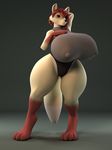  3d_(artwork) anthro anthroanim areola big_breasts breasts canine clothed clothing digital_media_(artwork) erect_nipples female fox hair huge_breasts mammal nipples red_hair simple_background smile standing thick_thighs 