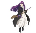  1girl black_coat blunt_bangs boots brown_footwear coat dress expressionless fern_(sousou_no_frieren) full_body holding holding_staff long_hair mage_staff official_art open_clothes open_coat purple_eyes purple_hair solo sousou_no_frieren staff transparent_background white_dress 