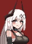  1girl arknights baeloe bare_shoulders black_horns black_sports_bra blush_stickers breasts bright_pupils cleavage closed_mouth commentary_request horns korean_commentary long_hair looking_back mudrock_(arknights) pixel_art red_background red_eyes sideways_glance simple_background solo sports_bra upper_body white_hair white_pupils 