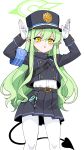  1girl belt black_belt black_hat black_jacket black_skirt black_tail blue_archive blush buttons demon_tail double-breasted feet_out_of_frame freedom_(aass5404) gloves green_hair green_halo halo hat highlander_sidelocks_conductor_(blue_archive) highres jacket long_hair long_sleeves pantyhose parted_lips peaked_cap pleated_skirt pointy_ears sidelocks simple_background skirt solo tail white_background white_gloves white_pantyhose yellow_eyes 