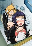  1boy 1girl :o ass blonde_hair blush boku_no_hero_academia clothed_sex doggystyle earplugs hetero highres indoors jirou_kyouka kaminari_denki purple_hair sex short_hair toilet 