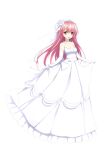  1girl breasts cleavage conspiracy_field_snow_trap dress elbow_gloves full_body gloves hair_ornament hairclip highres jiangchengxue long_hair looking_at_viewer medium_breasts non-web_source open_mouth pink_eyes pink_hair simple_background smile solo veil wedding_dress white_background 