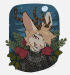 anthro antlers clothed clothing eyebrows female flower hair hi_res horn jackalope lagomorph mammal plant ramahuro rose_(flower) smile solo tongue tongue_out