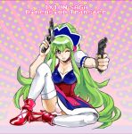  1girl bow breasts bulge collarbone copyright_name fon-due_(fonfon) futanari green_hair grey_eyes gun hair_between_eyes handgun heart holding holding_gun holding_weapon ixion_saga ixion_saga_dt large_breasts long_hair mariandale one_eye_closed open_mouth panties red_bow red_footwear solo thighhighs underwear very_long_hair weapon weapon_request white_panties white_thighhighs 
