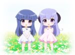  2girls :d arms_behind_back blue_bow blue_footwear blunt_bangs blush_stickers bow chibi commentary_request dress field flower flower_field furude_rika gaou_(babel) hanyuu higurashi_no_naku_koro_ni horns long_hair multiple_girls orange_flower own_hands_together pink_bow pleated_dress purple_eyes purple_hair sandals short_sleeves sleeveless sleeveless_dress smile standing sundress very_long_hair white_background white_dress white_flower 