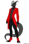 2024 2:3 anthro belt black_bottomwear black_clothing black_eyes black_fangs black_pants boots bottomwear chalkdoesart claws clothing collared_shirt demon digital_media_(artwork) english_text fangs footwear formalwear grey_body grey_hair hair horn jacket male pants pupils red_clothing red_jacket red_topwear reptile scales scalie shaded simple_background slit_pupils smile solo standing teeth text topwear white_background white_eyes