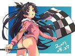  1girl alternate_costume artist_request ass bangs black_bow black_hair black_ribbon bow breasts checkered_flag crown earrings fate/grand_order fate_(series) flag fur_collar fur_trim hair_bow hair_intakes hair_ornament hair_ribbon hood hood_down hooded_jacket hoodie ishtar_(fate/grand_order) ishtar_(swimsuit_rider)_(fate) jacket jewelry leg_garter long_hair long_sleeves looking_at_viewer looking_back one-piece_swimsuit open_mouth parted_bangs pink_jacket race_queen red_eyes shiny shiny_hair shiny_skin sideboob soles solo swimsuit swimsuit_under_clothes tohsaka_rin two_side_up very_long_hair white_swimsuit 
