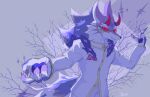 anthro bael_(tas) black_nose branch canid canine canis claws clothing demon eyewear fur glasses grin horn iyuix06 jackal lifewonders male mammal multicolored_body multicolored_fur pawpads purple_body purple_fur red_eyes smile solo tail tokyo_afterschool_summoners white_body white_clothing white_fur yellow_body yellow_fur