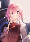  absurdres bad_id bad_pixiv_id bare_shoulders blush closed_mouth eyebrows_visible_through_hair fate/grand_order fate_(series) glasses highres looking_at_viewer mash_kyrielight necktie pink_hair purple_eyes red_neckwear short_hair solo upper_body useq1067 