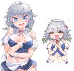  1girl bare_shoulders blue_eyes blush breasts groin harunoha highres izayoi_sakuya maid navel open_mouth panties side-tie_panties simple_background solo sweat sweatdrop tearing_up touhou underwear white_background 