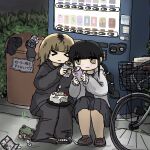  &gt;_&lt; 2girls alcohol bicycle birthday_cake black_hair black_jacket black_pants black_shirt black_skirt blonde_hair blunt_bangs blush braid brown_footwear cake can candle closed_eyes closed_mouth coin food fork fuchina_(fucinami) full_body hand_on_another&#039;s_shoulder highres holding holding_can hood hood_down hooded_jacket jacket knees_up legs_together loafers long_hair long_sleeves medium_hair multiple_girls night on_ground open_clothes open_jacket original outdoors pants pleated_skirt shirt shoes sitting skirt trash_can vending_machine wallet white_jacket 