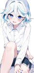  1girl absurdres alternate_costume blue_eyes blue_hair blue_nails blue_shorts blush breast_pocket buttons collarbone collared_shirt commentary_request crossed_arms dot_nose drop-shaped_pupils embarrassed furina_(genshin_impact) genshin_impact hair_between_eyes hair_intakes hand_on_own_knee heterochromia highres light_blue_hair long_sleeves looking_at_viewer mismatched_pupils nishi_yasuaki pocket shirt short_shorts shorts signature simple_background solo sweat symbol-shaped_pupils tearing_up white_background white_shirt 