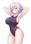  1girl ahoge armpits arms_behind_head black_one-piece_swimsuit blush breasts closed_mouth commentary_request competition_swimsuit covered_navel fate/grand_order fate_(series) grey_hair highres jeanne_d&#039;arc_alter_(avenger)_(fate) jeanne_d&#039;arc_alter_(fate) large_breasts looking_at_viewer one-piece_swimsuit short_hair simple_background solo standing swimsuit thighs white_background yellow_eyes yuunagi_(0217) 