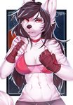  5_fingers abs anthro breasts brown_hair canine clothed clothing female hair junebuq looking_at_viewer mammal navel red_eyes solo 