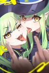  2girls absurdres blue_archive blue_jacket blur_censor censored chromatic_aberration commentary_request earrings fang film_grain green_hair hair_between_eyes half-closed_eye hat highlander_sidelocks_conductor_(blue_archive) highlander_twintails_conductor_(blue_archive) highres jacket jewelry long_hair looking_at_viewer middle_finger multiple_girls neng_meng open_mouth peaked_cap pointy_ears saliva saliva_trail sidelocks skin_fang tongue tongue_out twintails upper_body yellow_background yellow_eyes 