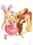  1girl :d animal_ears arms_up blonde_hair blush braid commentary_request cosplay eyelashes green_eyes hairband happy highres kinocopro lillie_(pokemon) long_hair lopunny may_(pokemon) may_(pokemon)_(cosplay) may_(spring_2021)_(pokemon) open_mouth pantyhose pink_footwear pink_skirt pokemon pokemon_(creature) pokemon_masters_ex pokemon_sm rabbit_ears rabbit_pose shoes short_sleeves skirt smile twin_braids twitter_username white_background wrist_cuffs yellow_hairband yellow_pantyhose 