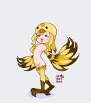  bird_hat duel_monster feathered_wings flat_chest harpy helmet lyrilusc_-_beryl_canary monster_girl nipples non-web_source nude open_mouth shorts smile smug solo winged_arms wings yu-gi-oh! 