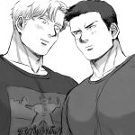  2boys adam&#039;s_apple ao_isami bara blush couple eye_contact facial_hair greyscale highres lewis_smith looking_at_another male_focus monochrome multiple_boys pectorals shirt sideburns_stubble stubble t-shirt thick_eyebrows translation_request upper_body yamuzo_(yamyamzozo) yaoi yuuki_bakuhatsu_bang_bravern 