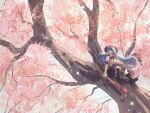  1girl black_skirt blue_hair boots cherry_blossoms commentary_request full_body ge_dazuo highres hinanawi_tenshi holding holding_sword holding_weapon long_hair red_eyes shirt sitting_on_branch skirt sword sword_of_hisou touhou tree weapon white_shirt wide_shot 