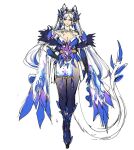  1girl blue_lips breasts clawed_gauntlets concept_art godzilla_(series) godzilla_x_kong:_the_new_empire hand_on_own_hip humanization kurosaki_sasori large_breasts long_hair shimo_(monsterverse) smile spiked_tail tail twintails very_long_hair white_hair yellow_eyes 
