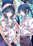 2boys absurdres androgynous black_hair black_pants blue_eyes blue_hair braid cocoballking collared_shirt commentary_request commission dress genshin_impact gradient_hair highres long_hair long_sleeves looking_at_viewer male_focus multicolored_hair multiple_boys pants pixiv_commission reflection shirt short_hair short_hair_with_long_locks sidelocks single_off_shoulder smile twin_braids twintails veil venti_(genshin_impact) white_dress white_shirt 