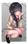  1girl absurdres anchor_symbol black_footwear black_hair blunt_bangs braid breasts character_name grey_eyes hair_over_shoulder hair_ribbon highres kantai_collection kitakami_(kancolle) kitakami_kai_ni_(kancolle) loafers long_hair long_sleeves looking_at_viewer miniskirt neckerchief ribbon sailor_collar school_uniform serafuku shoes single_braid skirt small_breasts smile socks solo squatting tress_ribbon white_neckerchief yellow_sailor_collar yellow_serafuku yellow_skirt yellow_socks yoko_hata 