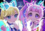  2girls aozora_himari blonde_hair blue_bow blue_eyes blunt_bangs bow commentary_request copyright_name crescent earrings finger_to_mouth glowing_clothes hair_bow hand_up himitsu_no_aipri hoshikawa_mitsuki idol_clothes index_finger_raised jewelry long_hair looking_at_viewer multiple_girls open_mouth oshiri_(o4ritarou) pink_hair pretty_series purple_bow purple_eyes shushing smile twintails upper_body 