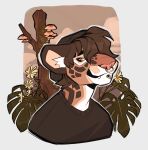 anthro brown_hair camomila_(ramahuro) clothed clothing facial_piercing felid flower fungus hair hi_res inner_ear_fluff jaguar male mammal mushroom nonbinary_(lore) nose_piercing nose_ring pantherine piercing plant ramahuro ring_piercing solo tuft