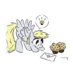 blonde_hair blonde_mane derpy_hooves_(mlp) equid equine female food friendship_is_magic fur grey_body grey_fur hair hasbro hi_res horse letter mammal mane muffin my_little_pony mythological_creature mythological_equine mythology pegasus pony simple_background solo speech_bubble tail tuskonline white_background wings yellow_eyes yellow_tail