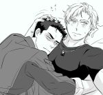  2boys ao_isami blush carnon12 comforting couple facial_hair greyscale half-closed_eyes happy headpat lewis_smith lying_on_person male_focus monochrome motion_lines multiple_boys pectoral_pillow pectorals selfie sideburns_stubble stubble tearing_up thick_eyebrows toned toned_male upper_body yaoi yuuki_bakuhatsu_bang_bravern 