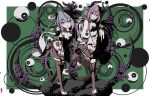  2girls :o asymmetrical_legwear asymmetrical_sleeves bare_shoulders black_thighhighs blue_eyes blue_hair blue_nails blush border braid bridal_legwear commentary empty_eyes eyeball flower foreshortening green_background highres holding horns japanese_clothes leaning_forward long_hair looking_at_another looking_at_viewer meika_hime meika_mikoto mismatched_legwear multiple_girls neck_ribbon open_mouth outside_border pink_eyes pink_hair pink_nails pleated_skirt plum_blossoms purple_flower reaching reaching_towards_viewer red_skirt red_thighhighs ribbon shirt skirt smile standing standing_on_one_leg thighhighs very_long_hair vocaloid white_border white_ribbon white_shirt white_sleeves yakatora 