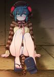  aqua_hair arms_at_sides ass bare_legs blush feet full_body geta hair_between_eyes indoors kemono_friends kuroda_akimi long_sleeves neck_ribbon panties pantyshot pantyshot_(sitting) pink_ribbon ribbon short_hair sitting snake_tail solo striped_hoodie striped_tail tail tsuchinoko_(kemono_friends) twitter_username underwear white_panties 