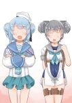  0_0 1girl aqua_neckerchief aqua_skirt blue_hair blue_neckerchief blue_one-piece_swimsuit blue_sailor_collar chest_harness crossed_arms dixie_cup_hat double_bun enjaku_izuku feet_out_of_frame gradient_background grey_hair grey_sailor_collar hair_bun harness hat hat_ribbon headgear highres i-36_(kancolle) kantai_collection looking_at_viewer medium_hair military_hat navy_cross neckerchief one-piece_swimsuit ribbon sailor_collar samuel_b._roberts_(kancolle) samuel_b._roberts_mk_ii_(kancolle) school_swimsuit school_uniform serafuku short_hair skirt sleeve_cuffs solo swimsuit swimsuit_under_clothes thigh_strap twintails white_background white_hat 