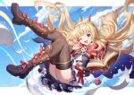  1girl :d absurdres ass black_footwear black_thighhighs blonde_hair blue_sky blush book boots brooch cagliostro_(granblue_fantasy) cape cloud cloudy_sky day finger_to_eye floating floating_hair full_body glint granblue_fantasy hair_spread_out hairband highres holding holding_book index_finger_raised jewelry knee_boots knees_together_feet_apart letterboxed long_hair looking_at_viewer miniskirt one_eye_closed open_book open_mouth outdoors petticoat pleated_skirt purple_cape purple_eyes red_cape red_skirt shenqi_xiao_hong_zai_nali shirt sidelocks skirt sky smile solo spiked_hairband spikes teeth thighhighs two-sided_cape two-sided_fabric upper_teeth_only white_shirt 