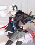  1girl black_choker black_jacket black_thighhighs chain choker fate/grand_order fate_(series) gauntlets grey_hair grey_skirt highres jacket jeanne_d&#039;arc_alter_(avenger)_(fate) jeanne_d&#039;arc_alter_(fate) ki_wa001 necktie red_necktie school_uniform skirt thighhighs transformation yellow_eyes 