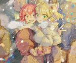  2girls 6+others blonde_hair blush breath cellphone gacho_p green_eyes highres hug idolmaster idolmaster_cinderella_girls jacket jougasaki_mika jougasaki_rika multiple_girls multiple_others one_eye_closed open_mouth phone pink_hair scarf siblings sisters sketch smartphone smile snow snowing two_side_up v winter winter_clothes yellow_eyes 