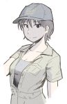  1girl aged_up azumanga_daioh baseball_cap black_eyes collarbone commentary denkirk english_commentary grey_hat grey_shirt hat jumpsuit looking_to_the_side open_jumpsuit sakaki_(azumanga_daioh) shirt short_hair simple_background solo white_background 