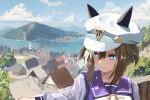  1girl animal_ears blue_eyes blue_sky bow brown_hair cheval_grand_(umamusume) cloud cloudy_sky ear_covers grass hair_between_eyes hat hay horse_ears horse_girl house long_sleeves mountain multicolored_hair ocean outdoors peaked_cap purple_shirt sailor_collar school_uniform shirt sky solo streaked_hair tracen_school_uniform tree umamusume water white_bow white_hair white_hat winter_uniform yoojp 